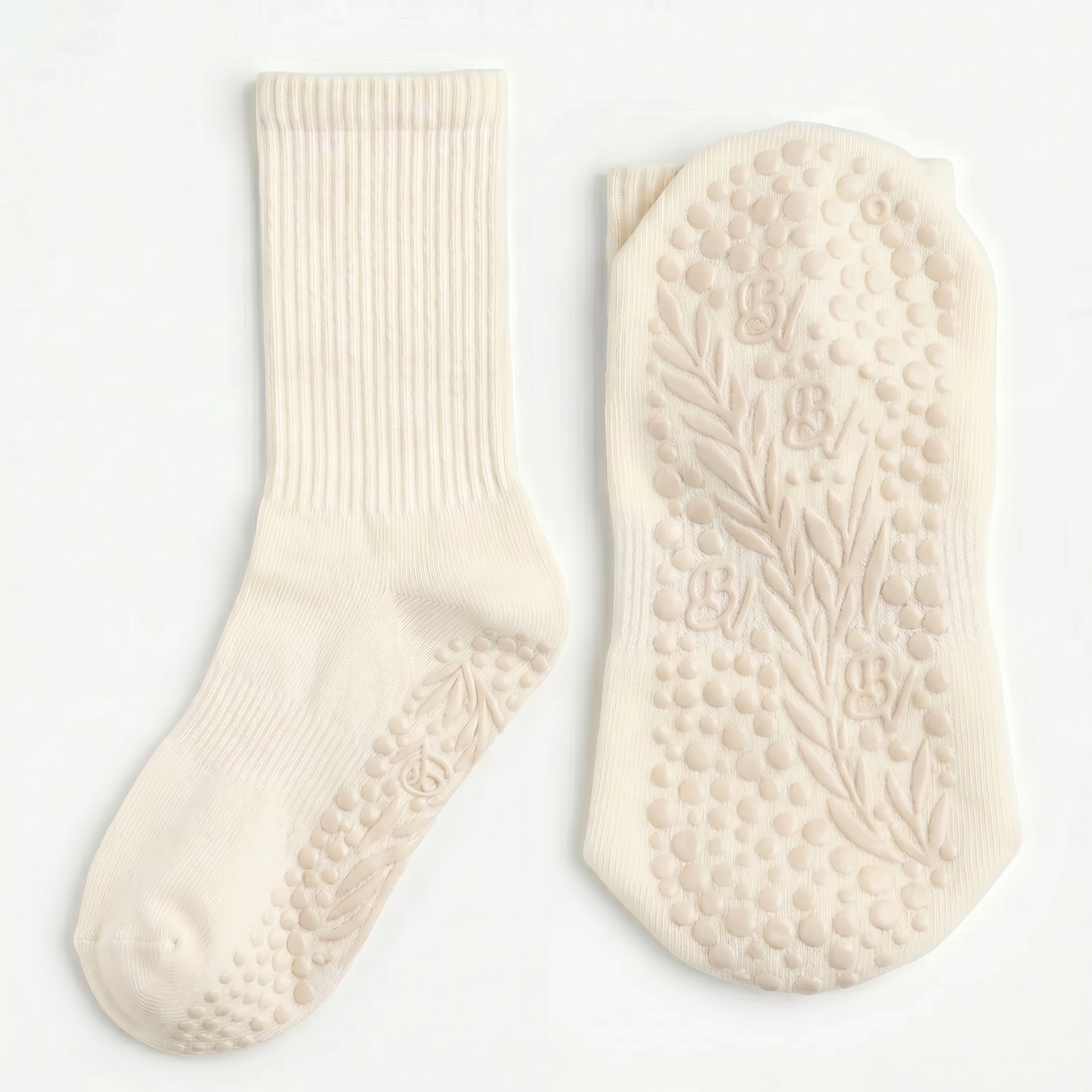 Beige Bellona Velvet Pilates grip socks made of organic cotton with minimalist design and non-slip grips for enhanced stability.