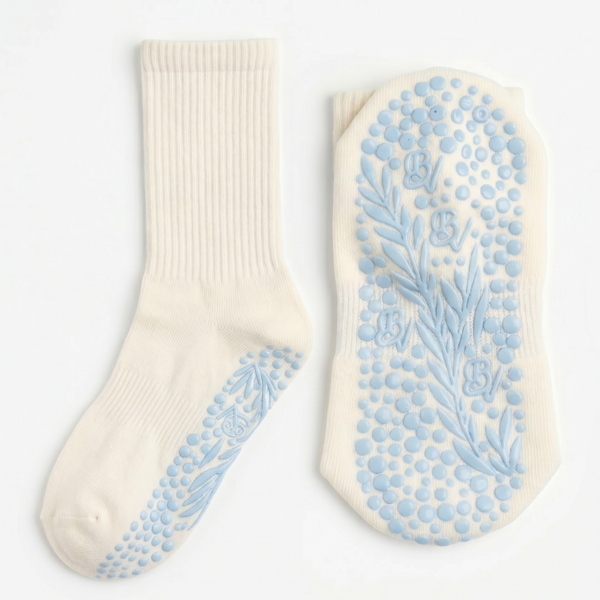 Blue Bellona Velvet Pilates grip socks with minimalist design and organic cotton, featuring non-slip grips for enhanced stability.