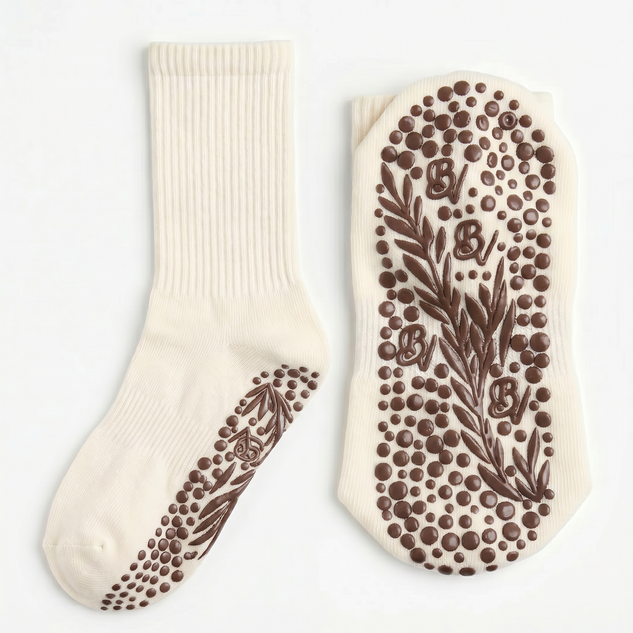 Brown Bellona Velvet Pilates grip socks with minimalist design and organic cotton material, featuring grip soles for stability during workouts.
