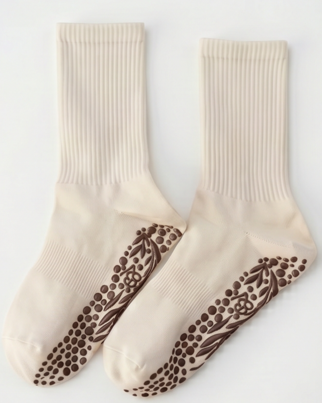 Brown Bellona Velvet Pilates grip socks with minimalist design and organic cotton, featuring non-slip grips for stability during workouts.