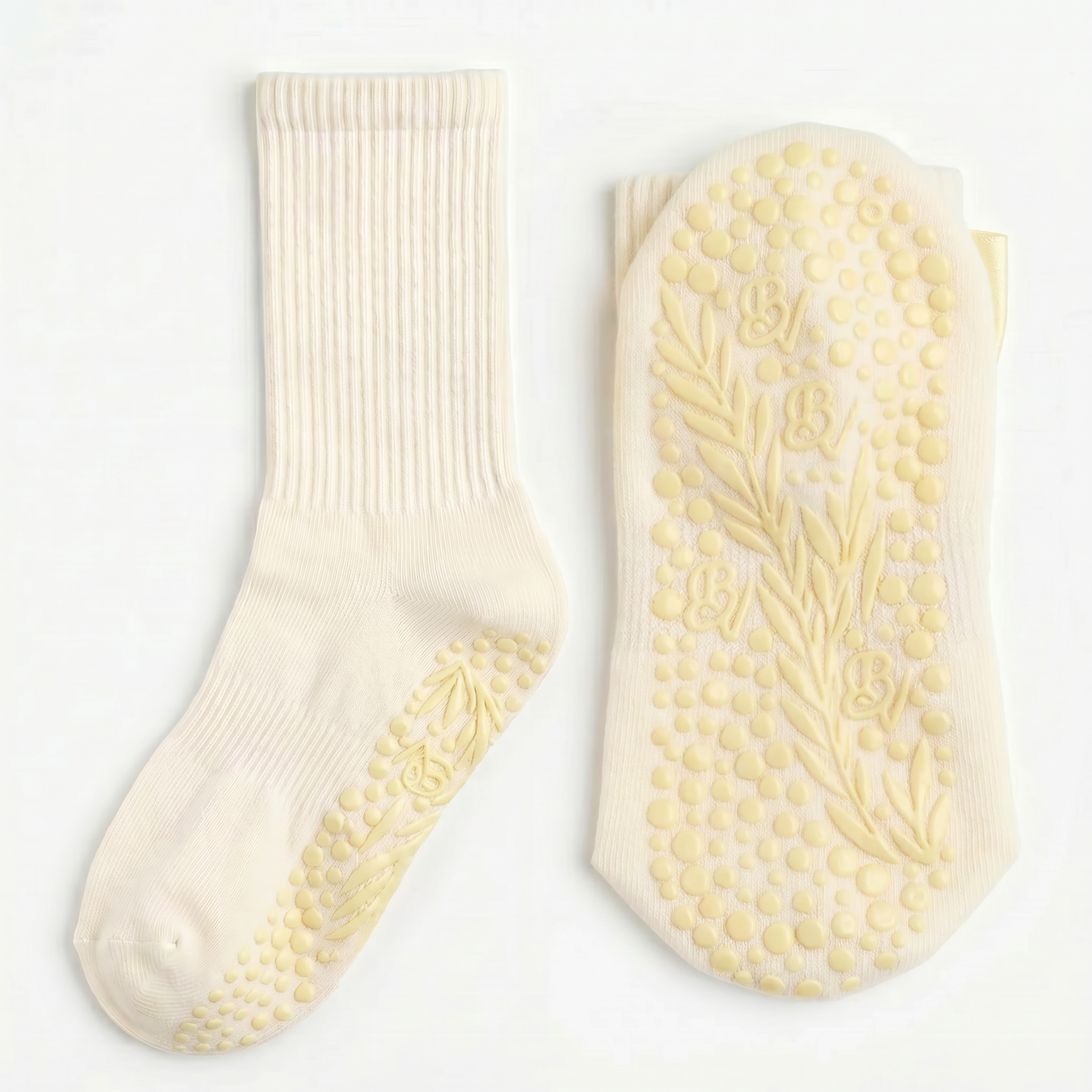 Yellow Bellona Velvet Pilates grip socks made of organic cotton with minimalist design and non-slip grips for exercise stability.