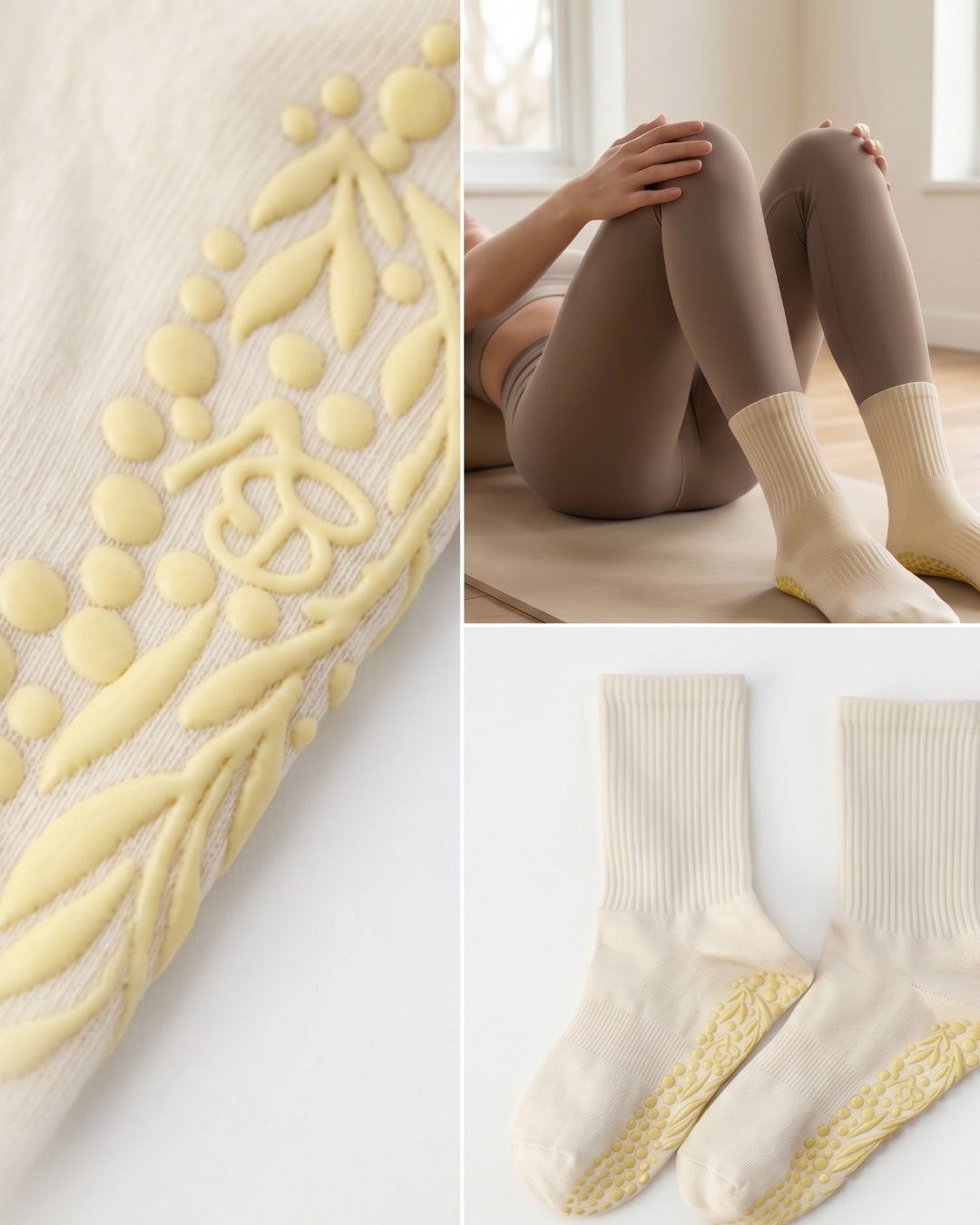 Yellow Bellona Velvet Pilates grip socks with minimalist design and organic cotton material, featuring grip soles for stability.
