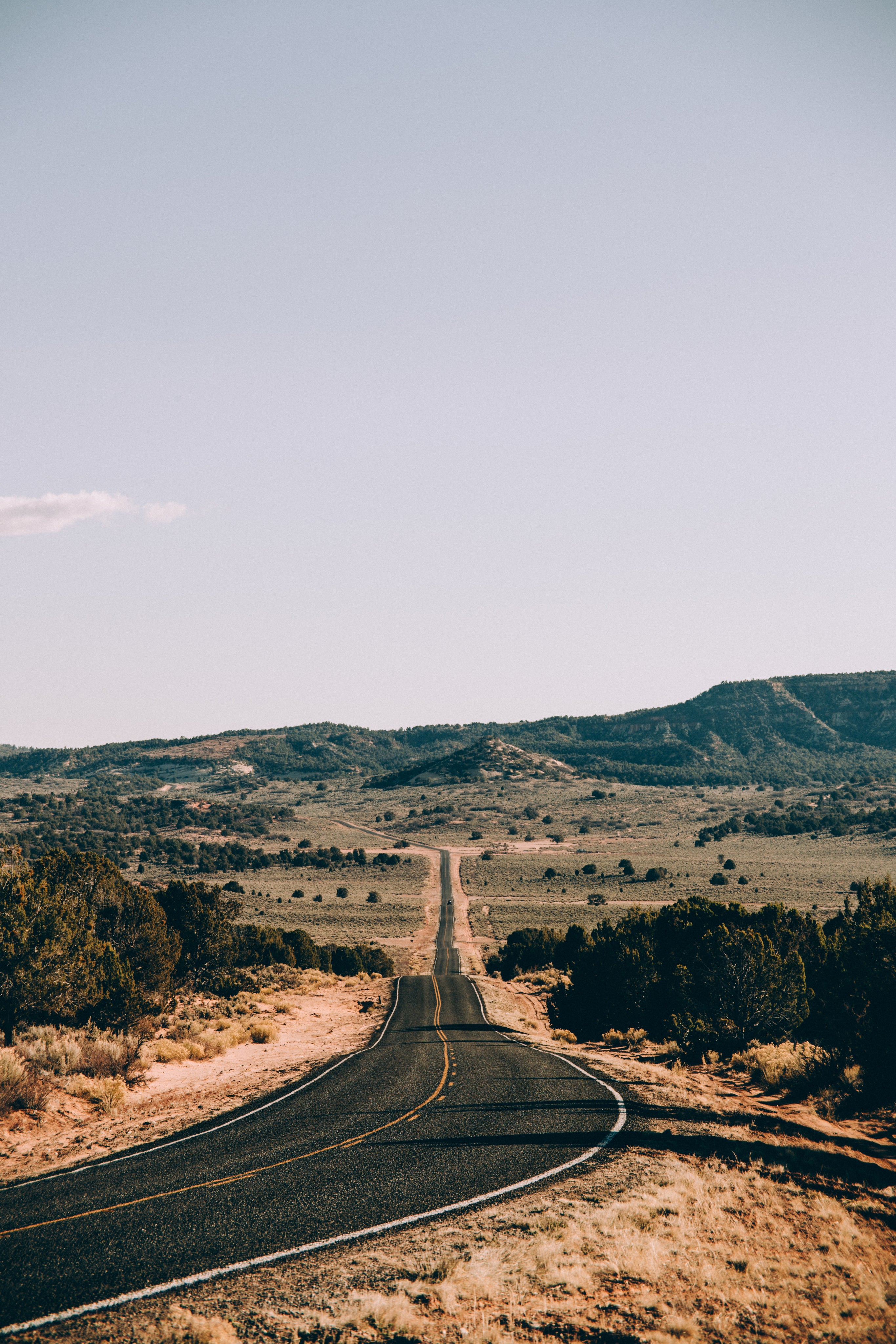 A long, empty road stretches into the distance through a dry, green-brown landscape with low shrubs and hills beneath a clear sky. The scene appears tranquil and expansive.